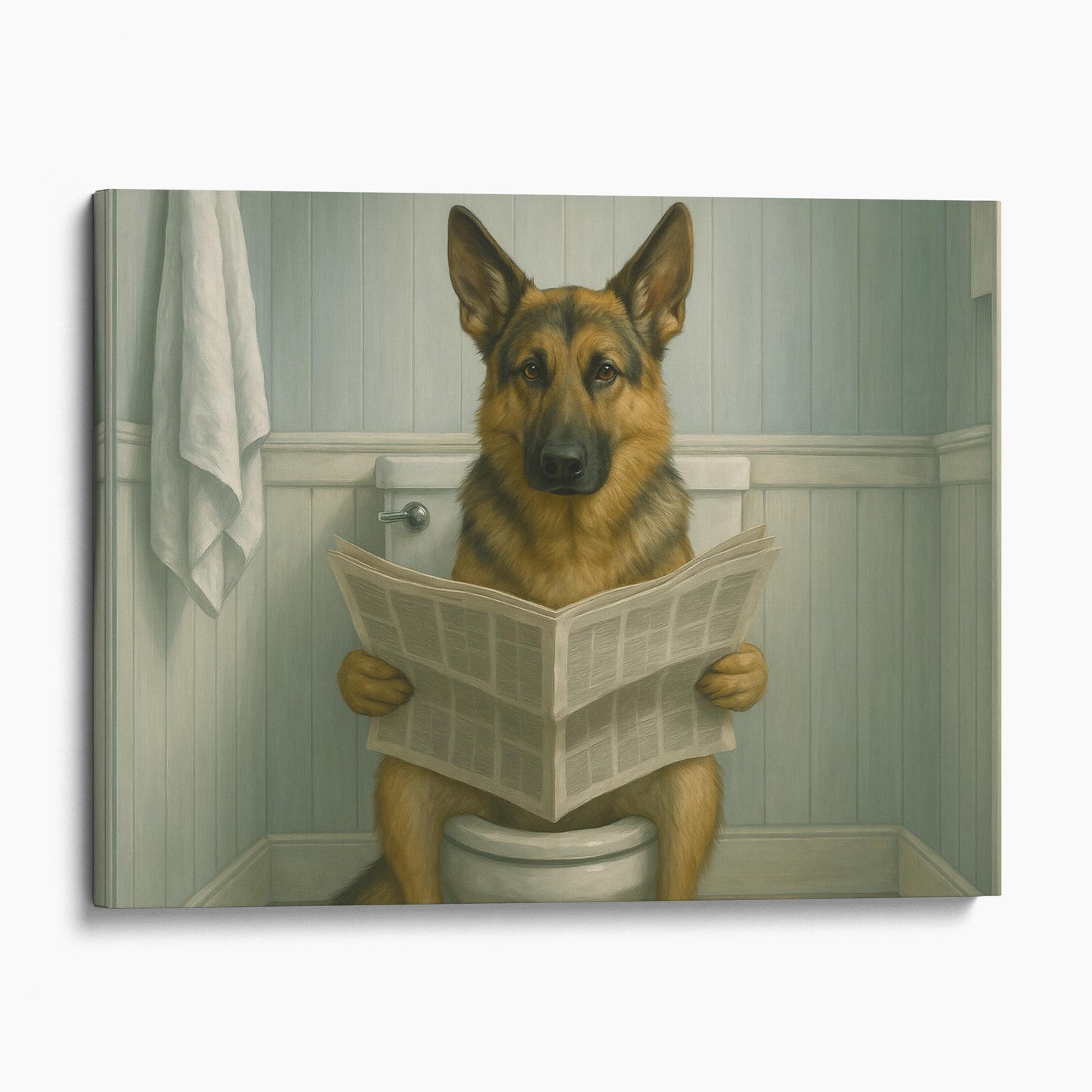 German Shepherd Reading The Newspaper On The Toilet