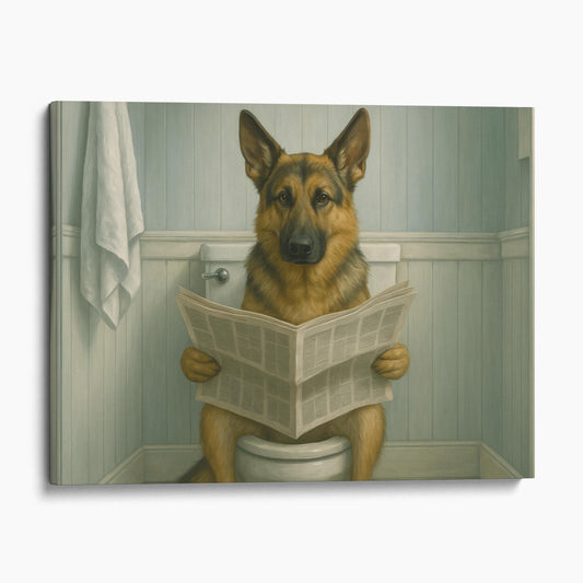 German Shepherd Reading The Newspaper On The Toilet