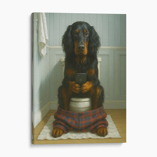 Gordon Setter Dog On The Phone On The Toilet
