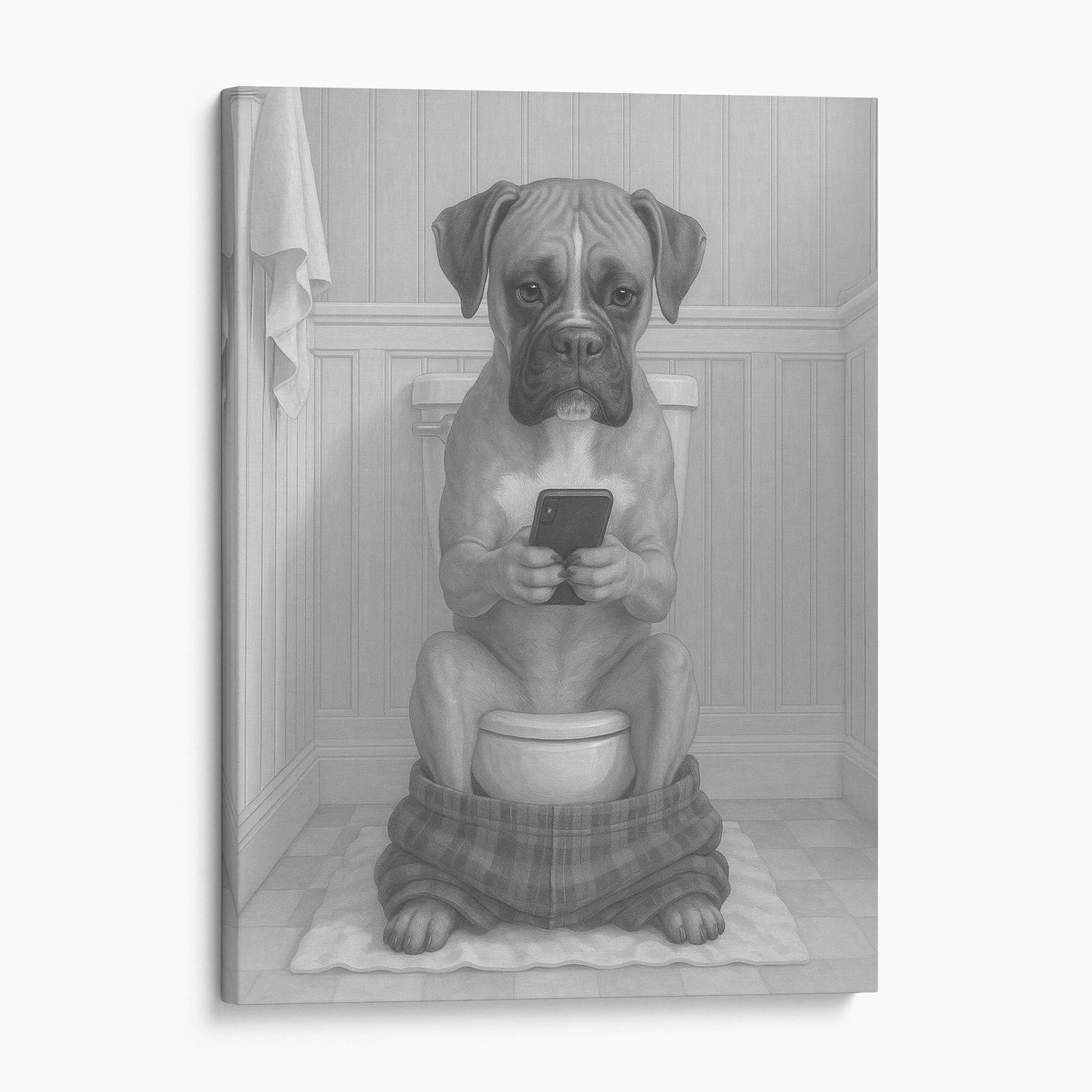 Boxer Dog On The Phone On The Toilet
