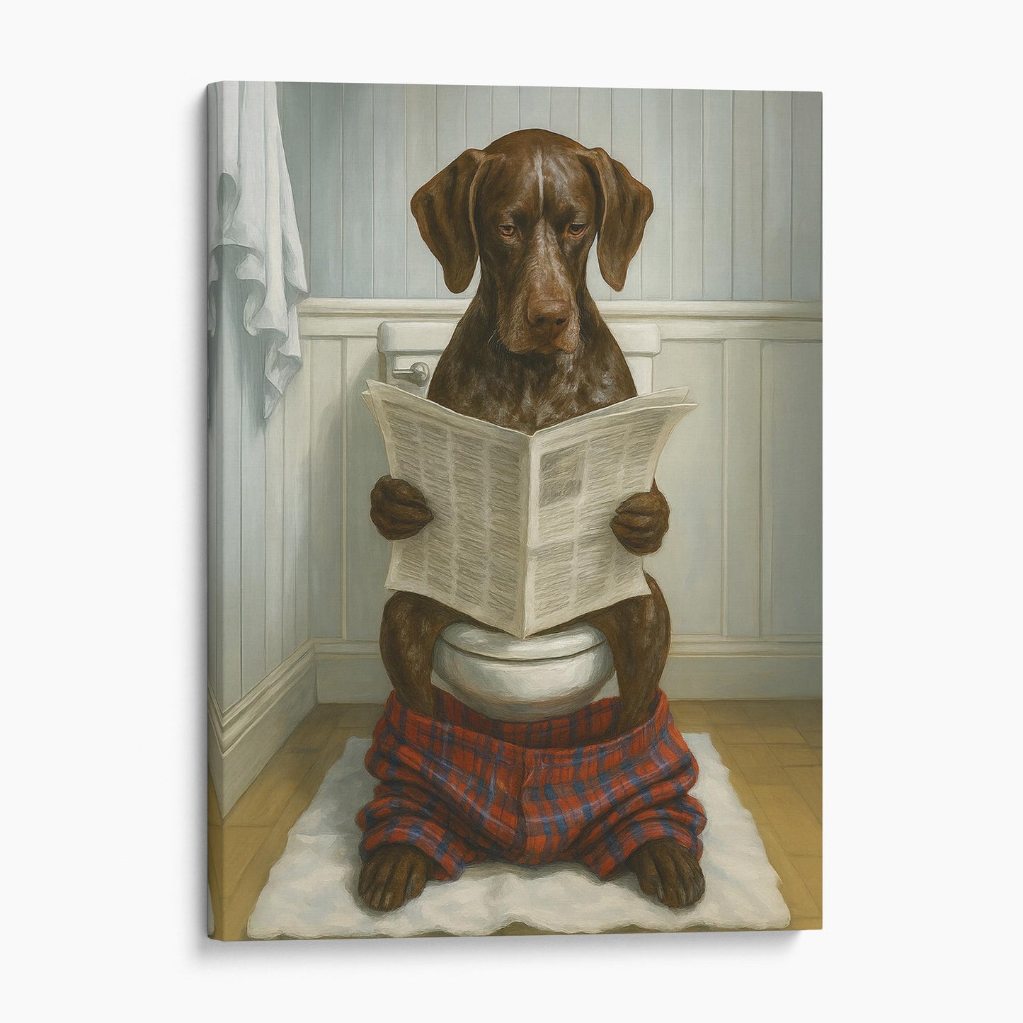 German Shorthaired Pointer Dog Reading The Newspaper On The Toilet