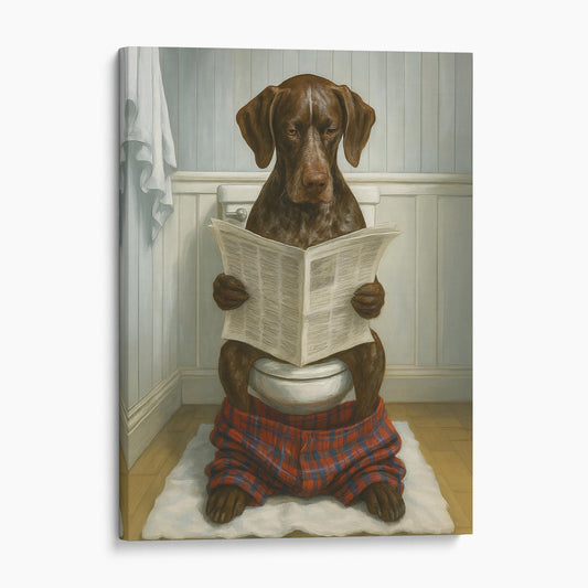 German Shorthaired Pointer Dog Reading The Newspaper On The Toilet