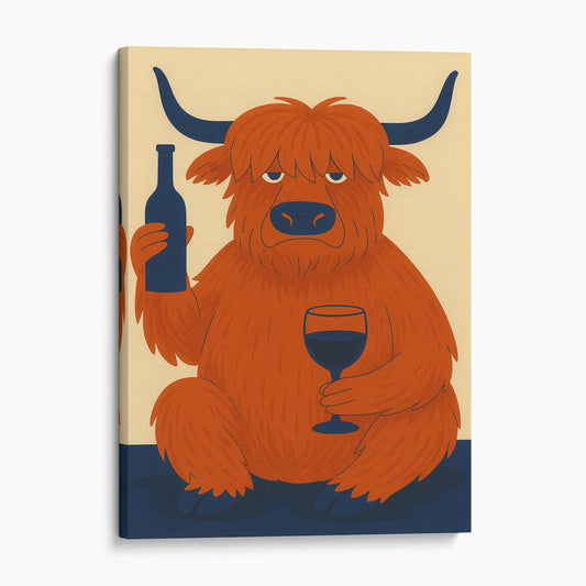 Highland Cow Drinking Wine Mid Century Modern