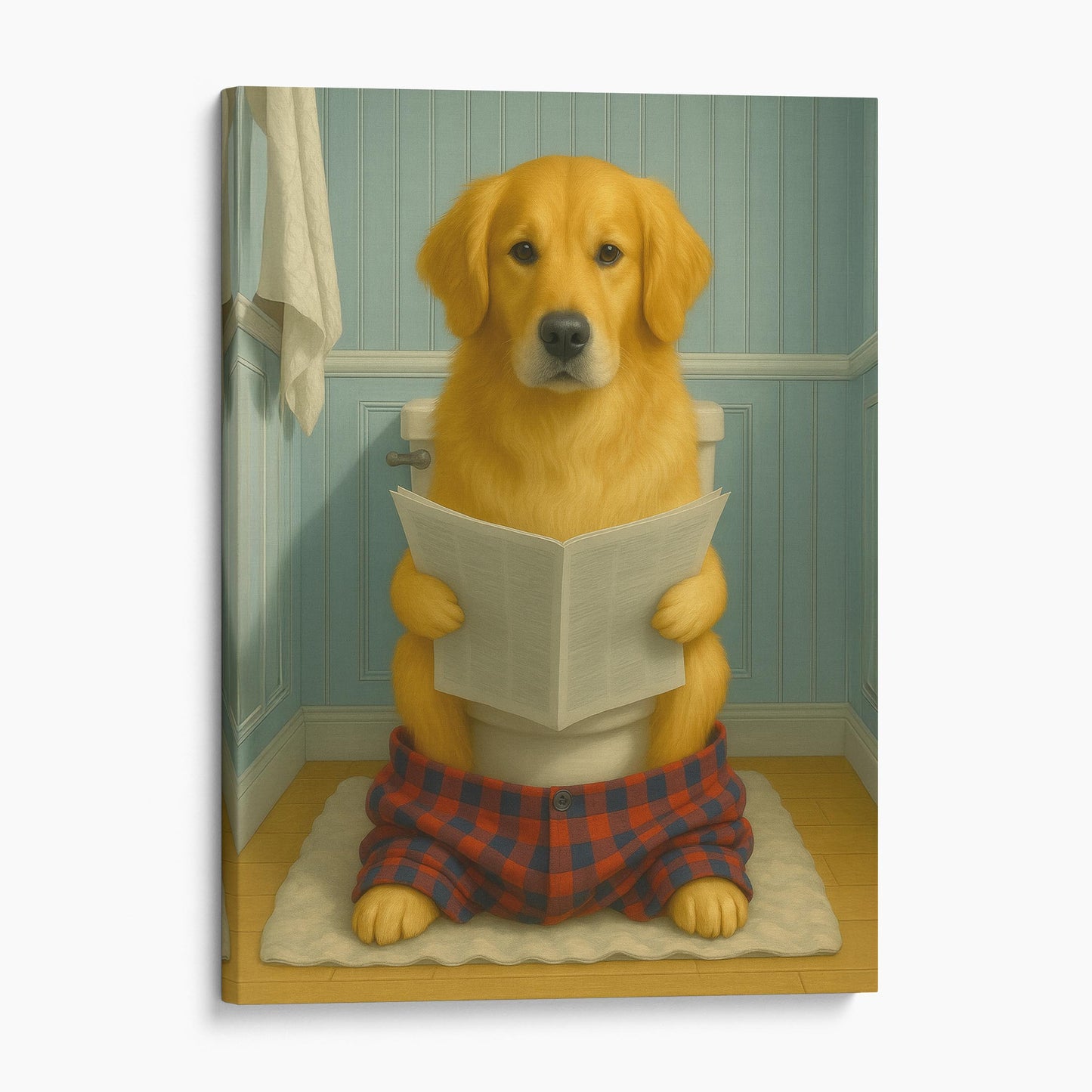 Golden Retriever Dog Reading The Newspaper On The Toilet