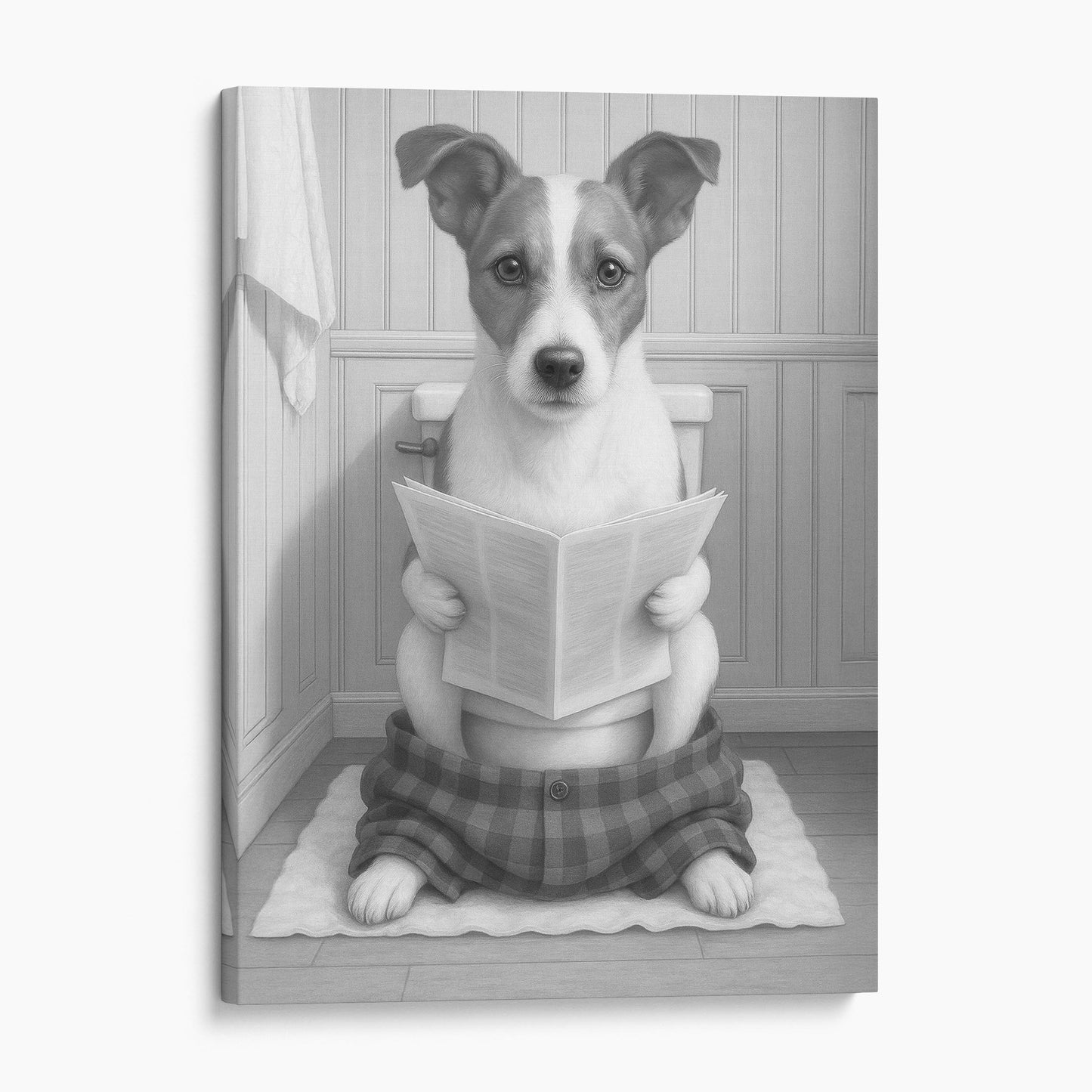Jack Russell Terrier Dog Reading The Newspaper On The Toilet