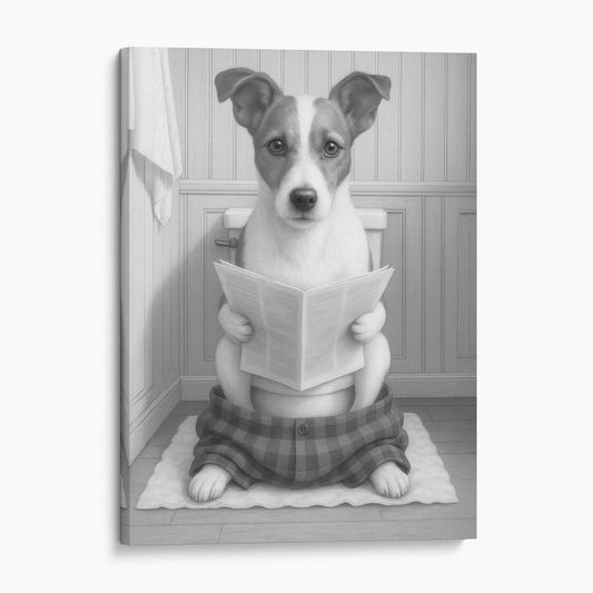 Jack Russell Terrier Dog Reading The Newspaper On The Toilet