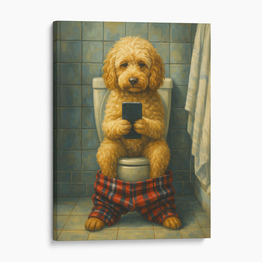 Cockapoo On The Toilet On The Phone