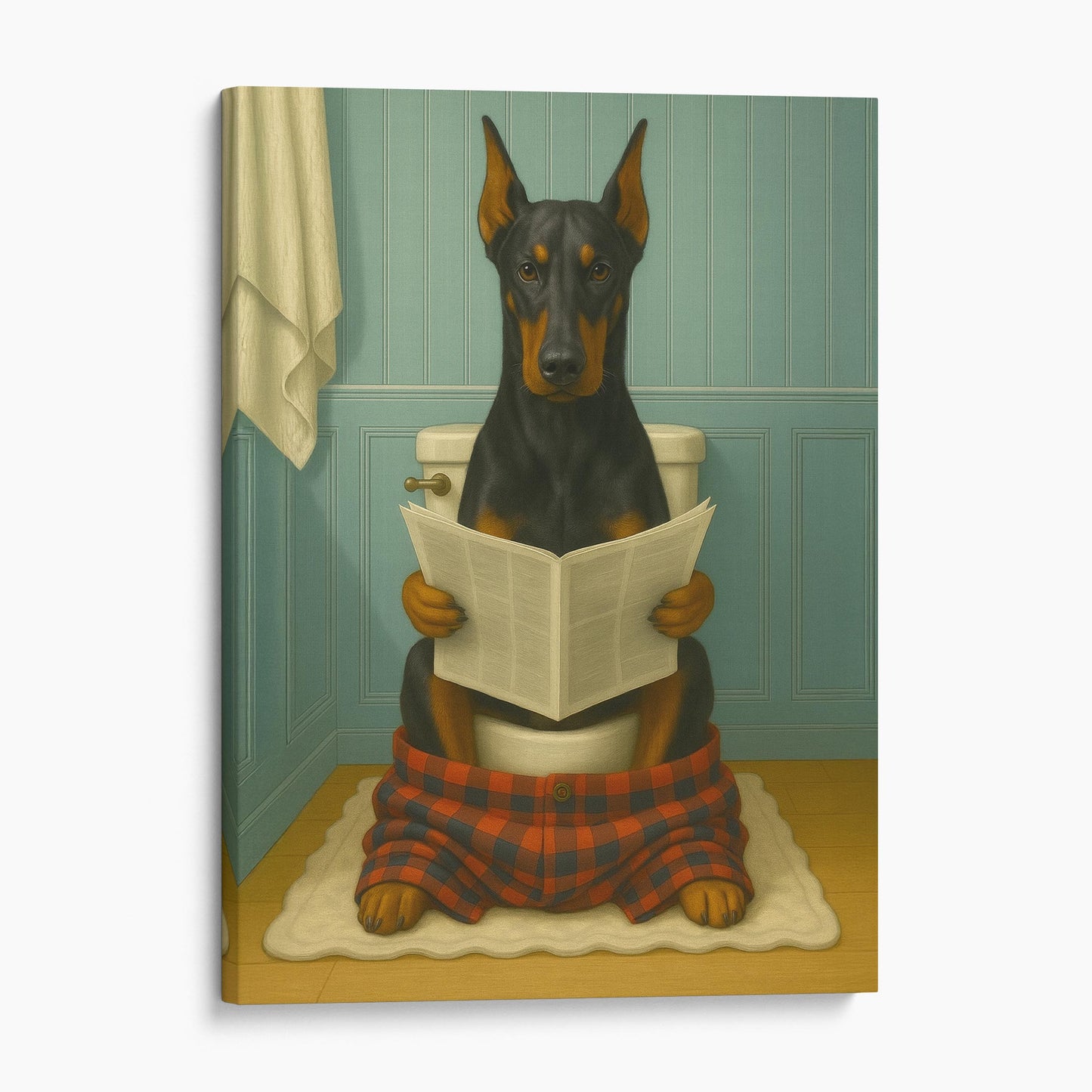 Dobermann Dog Reading The Newspaper On The Toilet