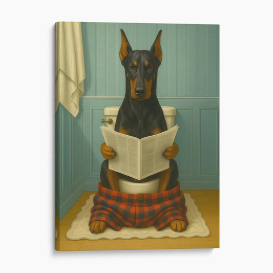 Dobermann Dog Reading The Newspaper On The Toilet