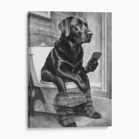 Black Labrador On The Toilet On The Phone