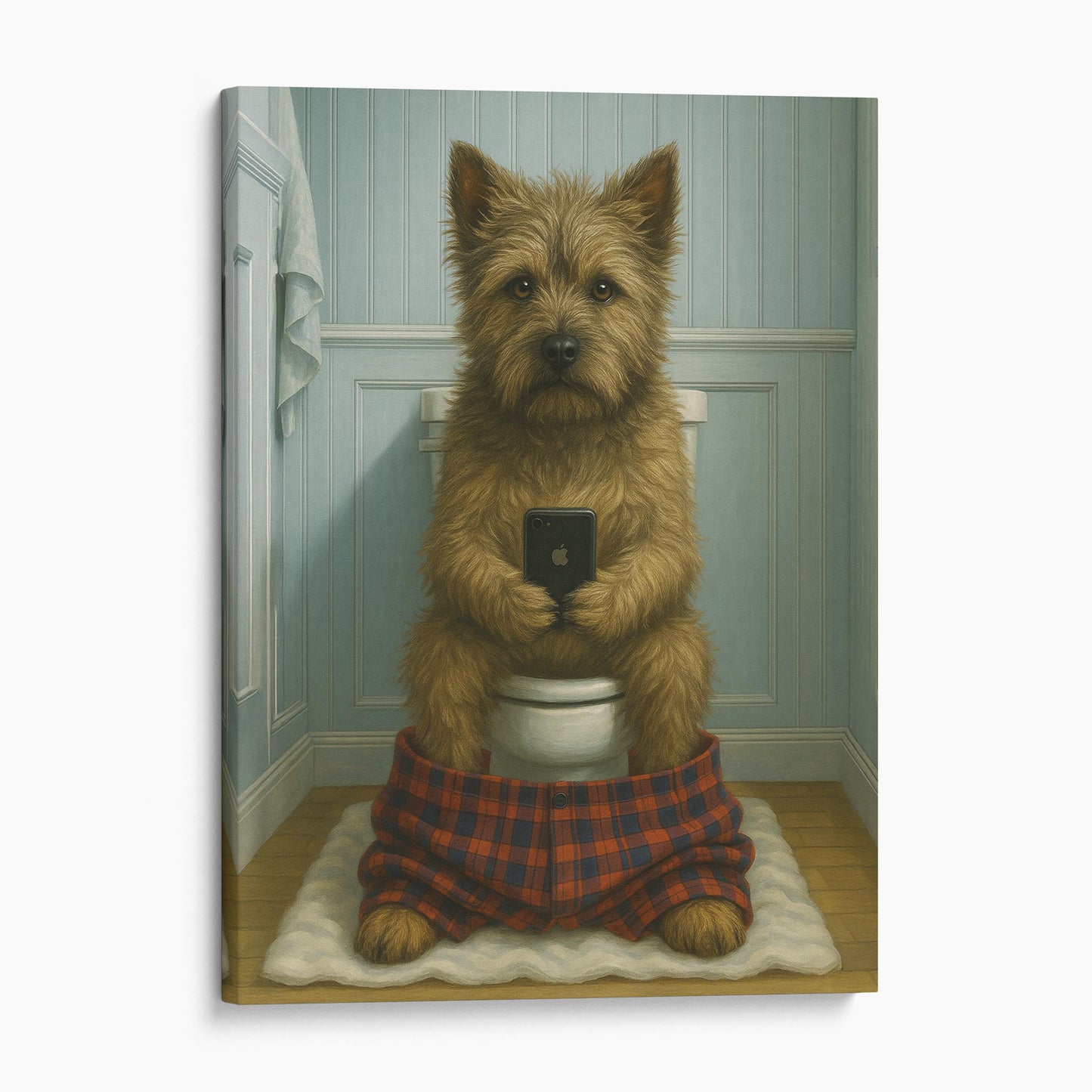 Cairn Terrier Dog On The Phone On The Toilet
