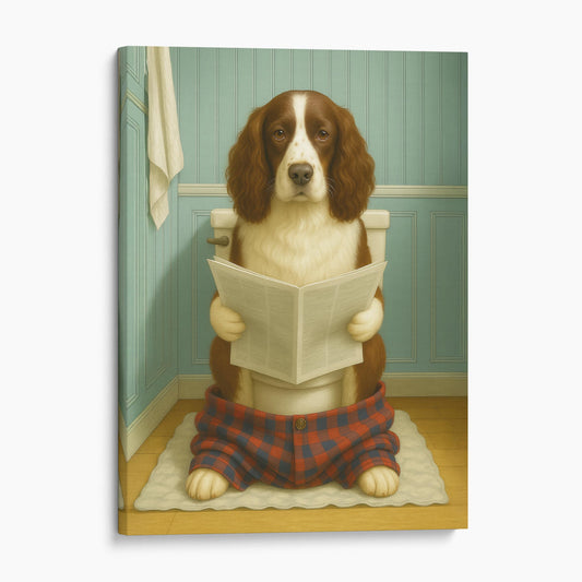 English Springer Spaniel Dog Reading The Newspaper On The Toilet