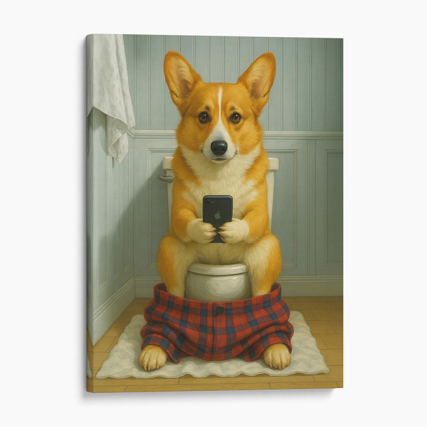 Pembroke Welsh Corgi Dog On The Phone On The Toilet