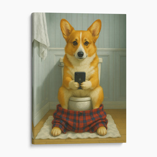 Pembroke Welsh Corgi Dog On The Phone On The Toilet