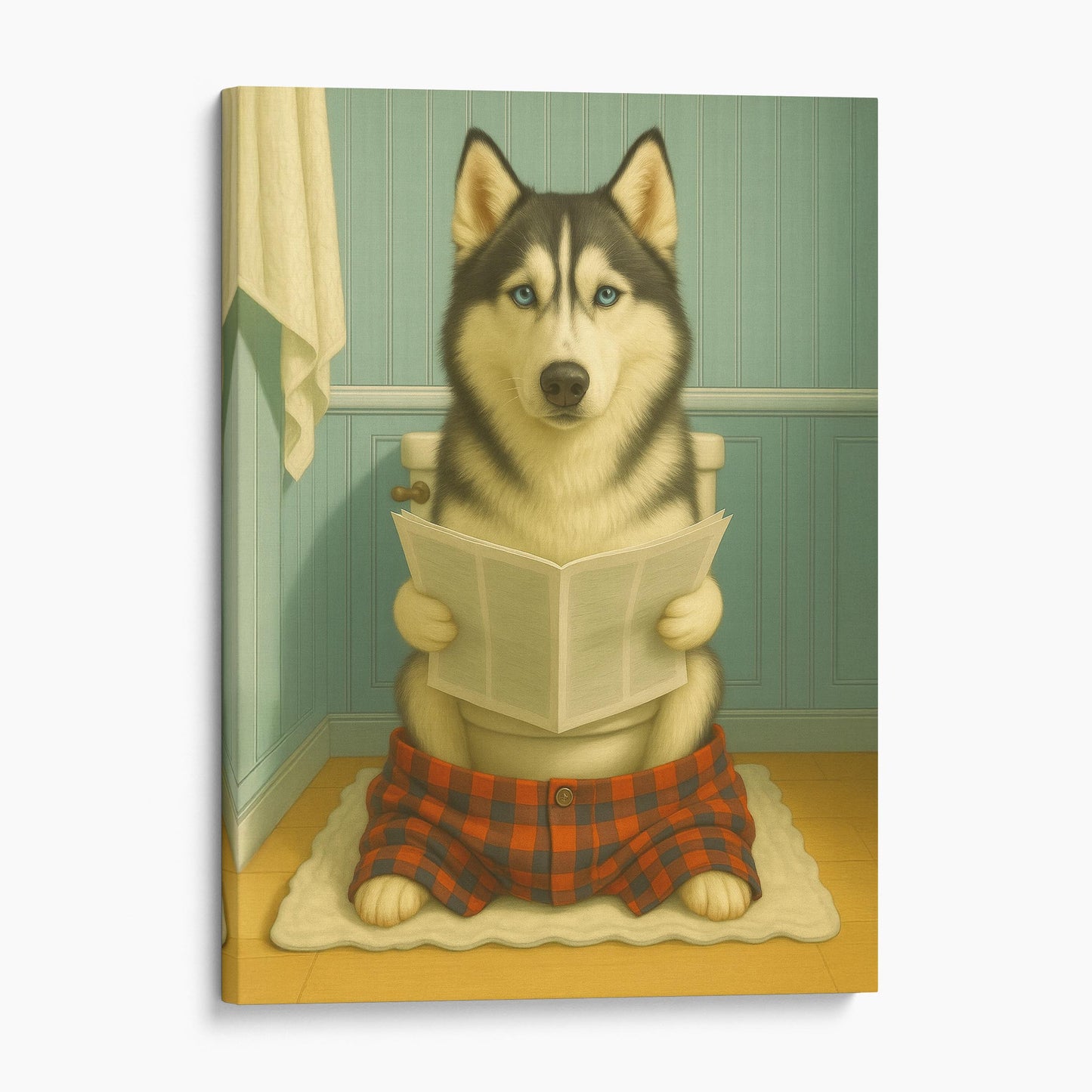 Husky Dog Reading The Newspaper On The Toilet