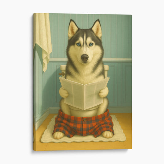 Husky Dog Reading The Newspaper On The Toilet