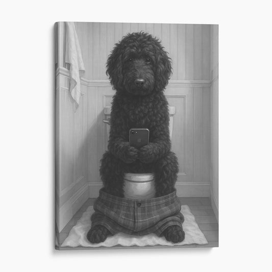 Black Golden Doodle Dog On The Phone On The Toilet