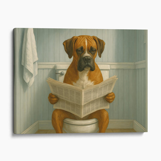 Boxer Dog Reading The Newspaper On The Toilet