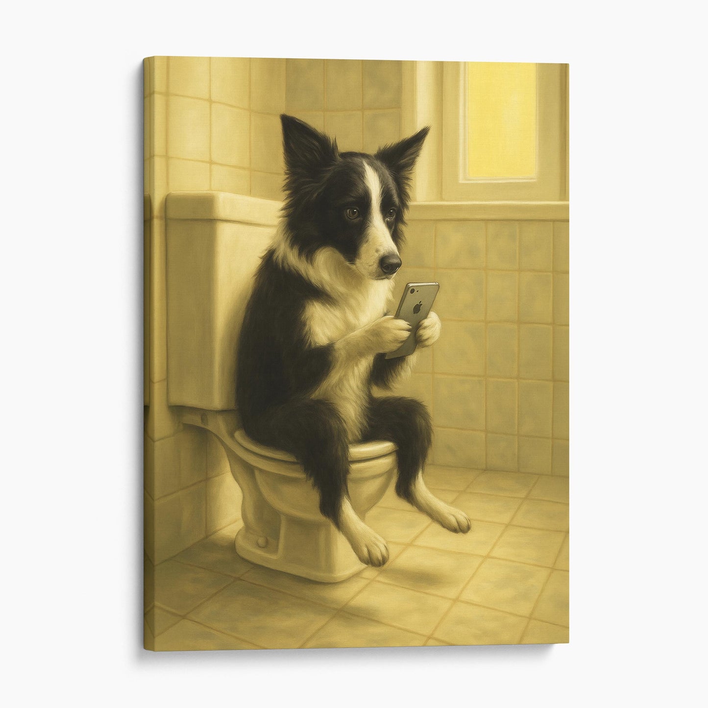 Border Collie On The Phone On The Toilet