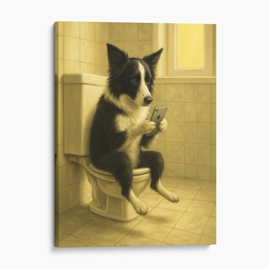 Border Collie On The Phone On The Toilet
