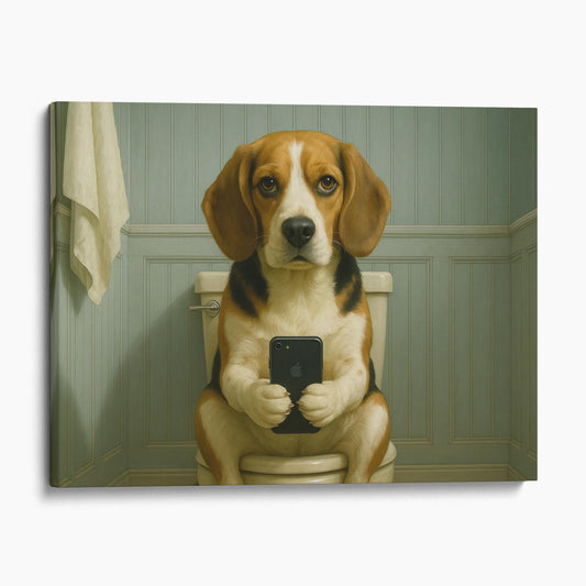 Beagle Dog On The Phone On The Toilet