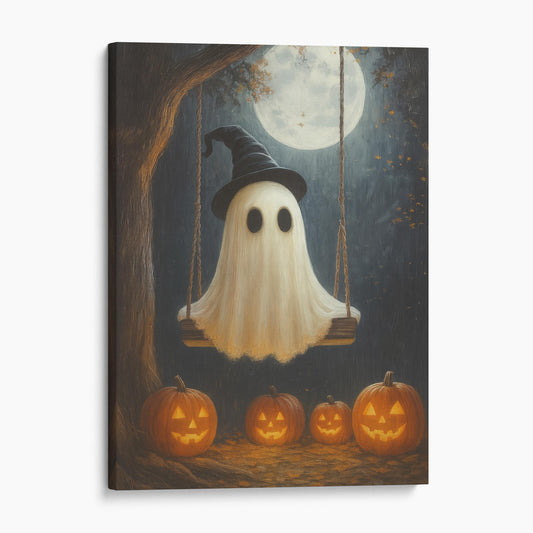 Ghost On A Swing With Pumpkins And Full Moon