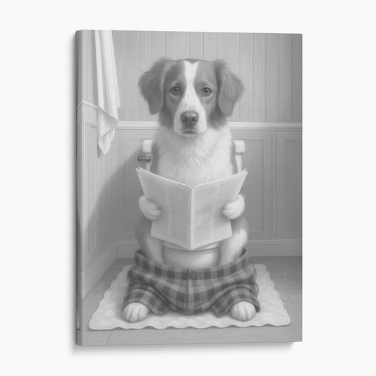 Brittany Dog Reading The Newspaper On The Toilet