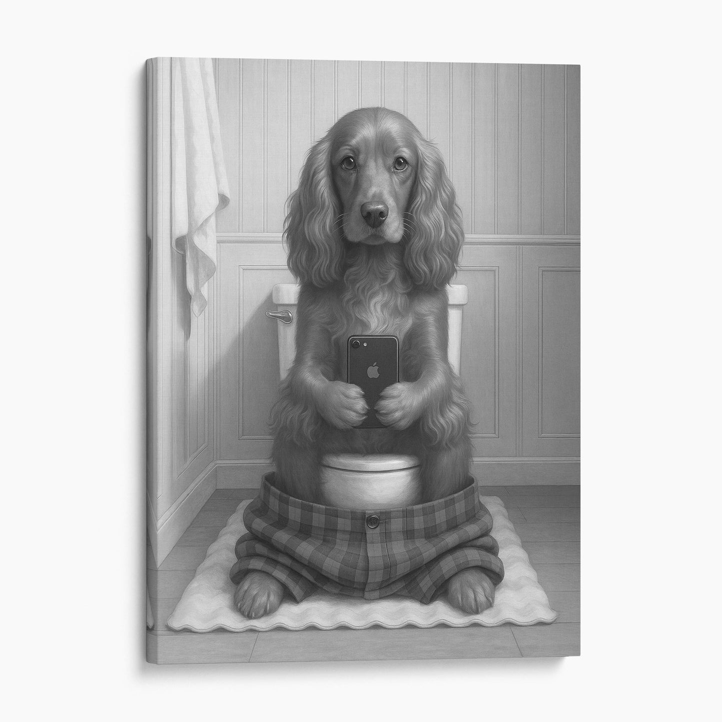 English Cocker Spaniel Dog On The Phone On The Toilet