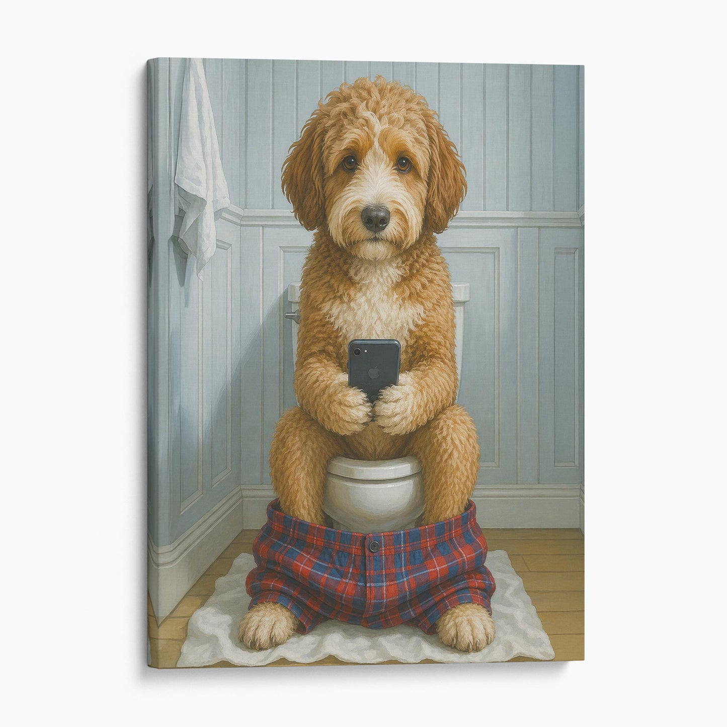 Aussie Doodle Dog On The Phone On The Toilet
