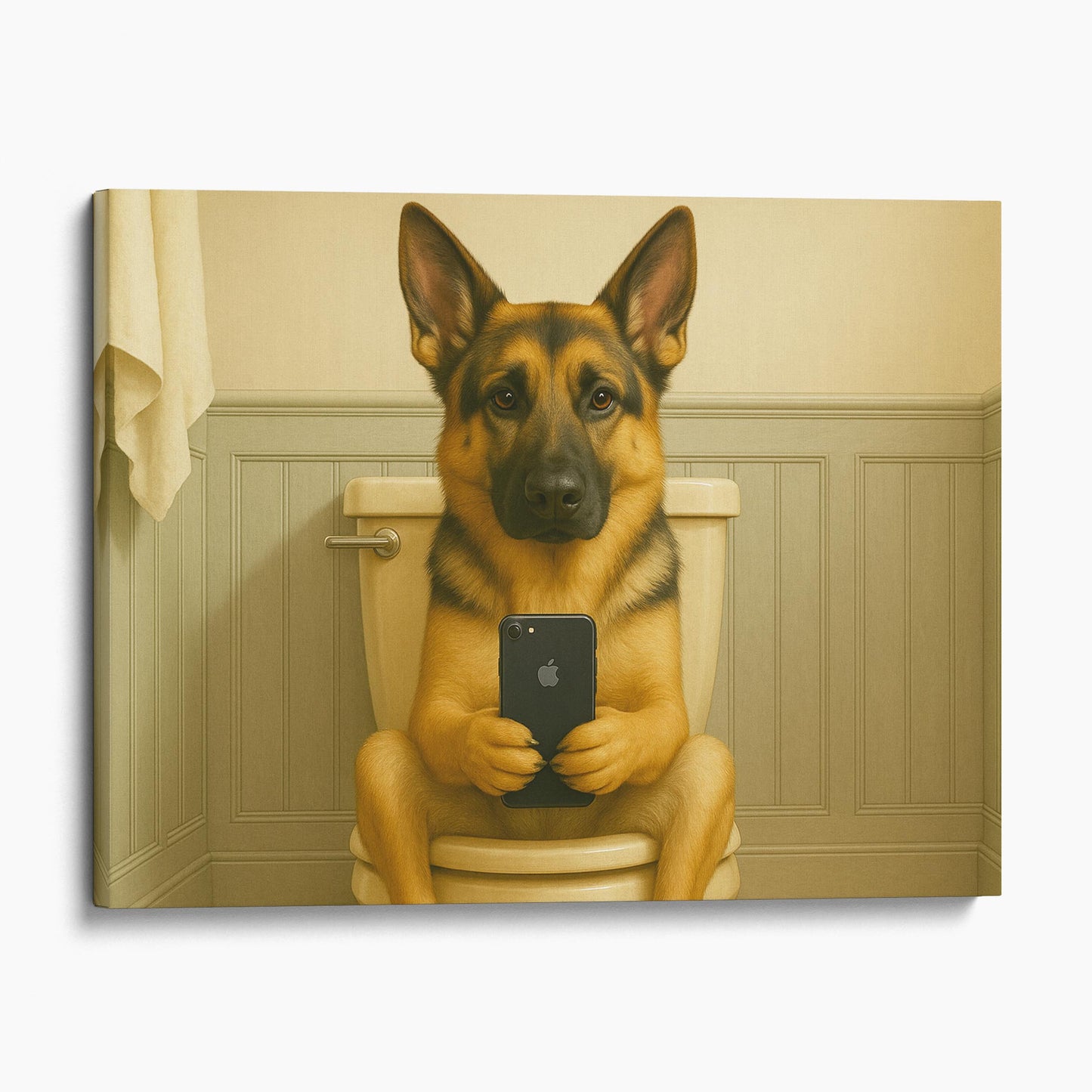 German Shepherd Dog On The Phone On The Toilet