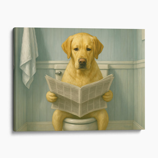 Yellow Labrador Retriever Reading The Newspaper On The Toilet