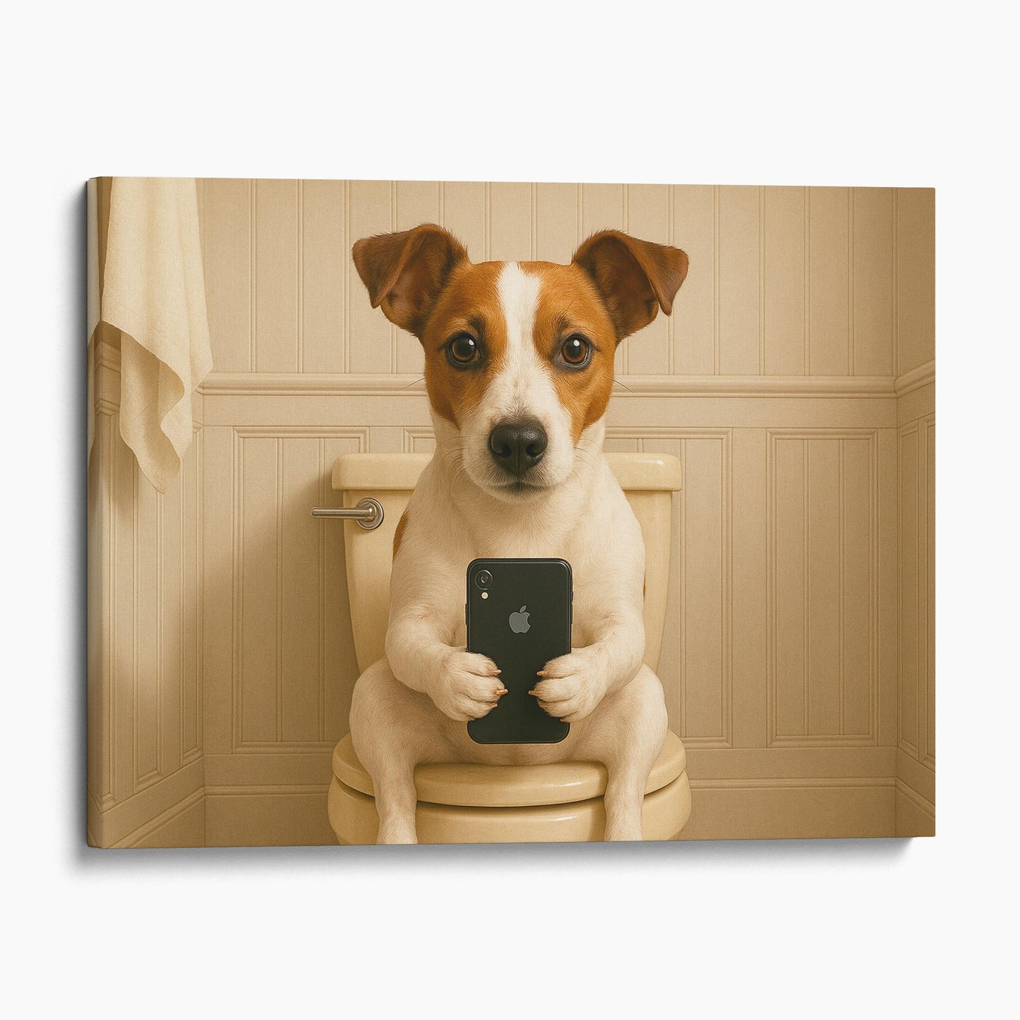 Jack Russell Terrier Dog On The Phone On The Toilet