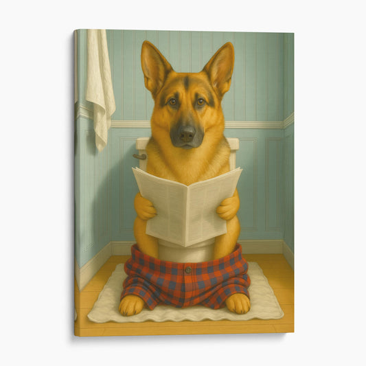 German Shepherd Dog Reading A Newspaper On The Toilet