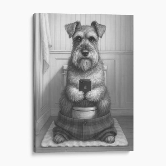 Schnauzer Dog On The Phone On The Toilet