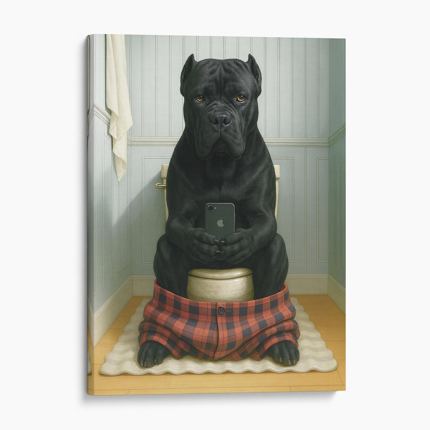 Cane Corso Dog On The Phone On The Toilet