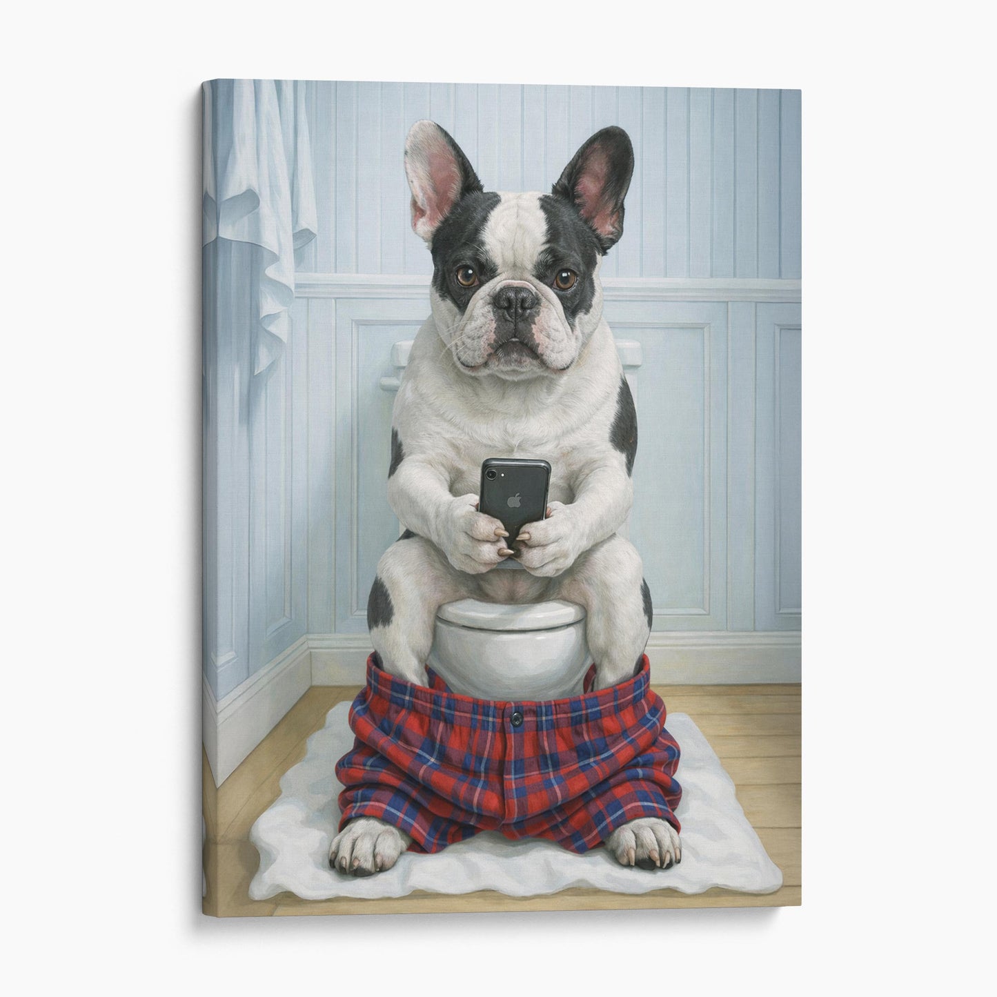Pied French Bulldog On The Phone On The Toilet
