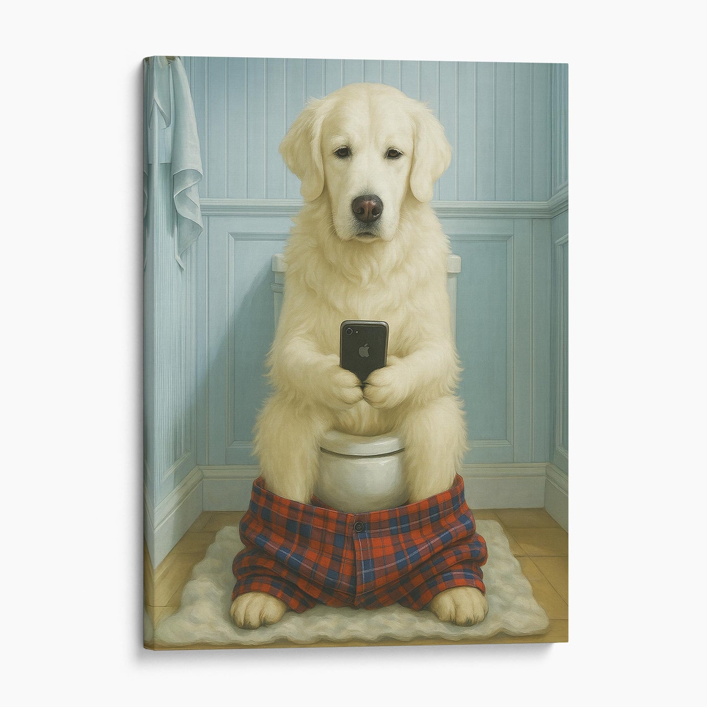 English Cream Golden Retriever Dog Reading The Newspaper On The Toilet
