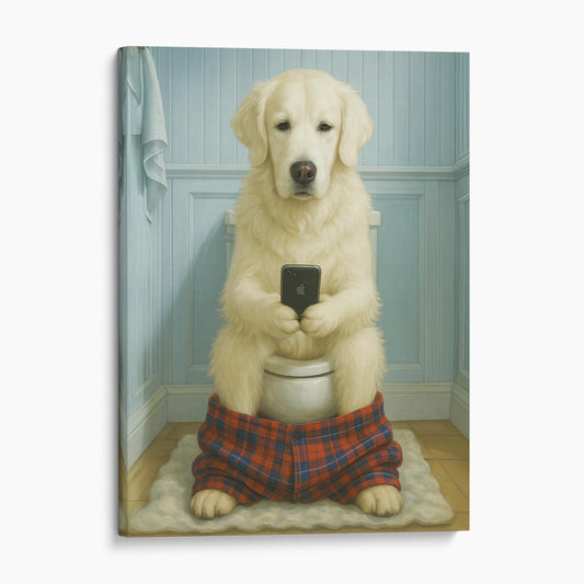 English Cream Golden Retriever Dog Reading The Newspaper On The Toilet