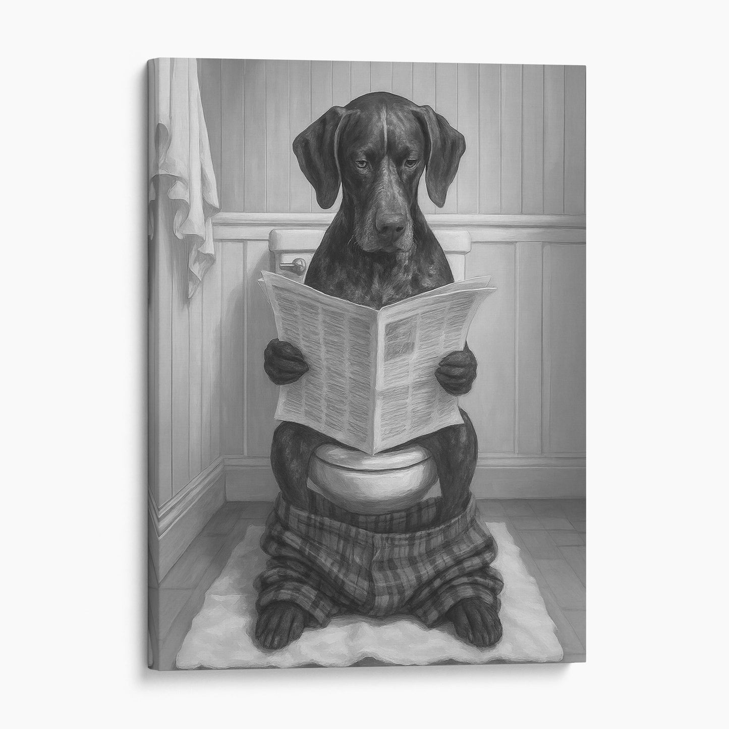 German Shorthaired Pointer Dog Reading The Newspaper On The Toilet