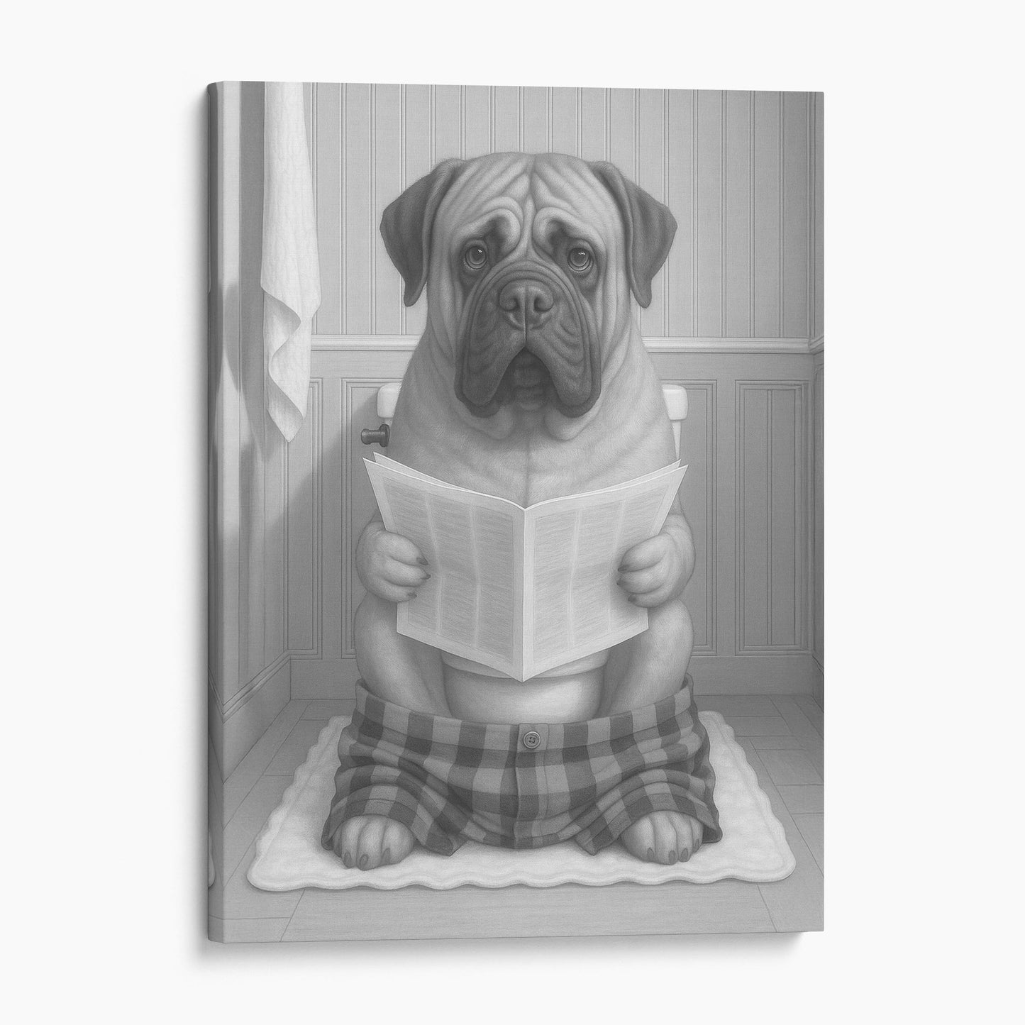 Mastiff Dog Reading The Newspaper On The Toilet