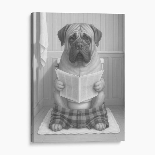 Mastiff Dog Reading The Newspaper On The Toilet