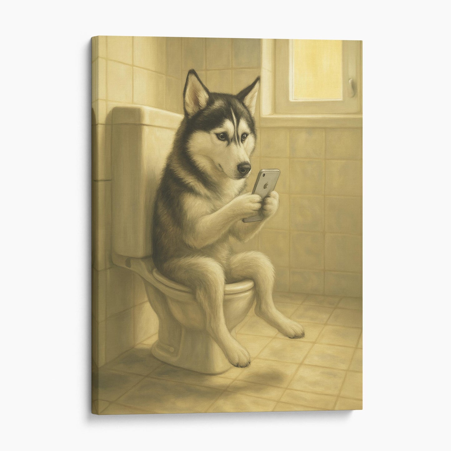 Siberian Husky Dog On The Phone On The Toilet