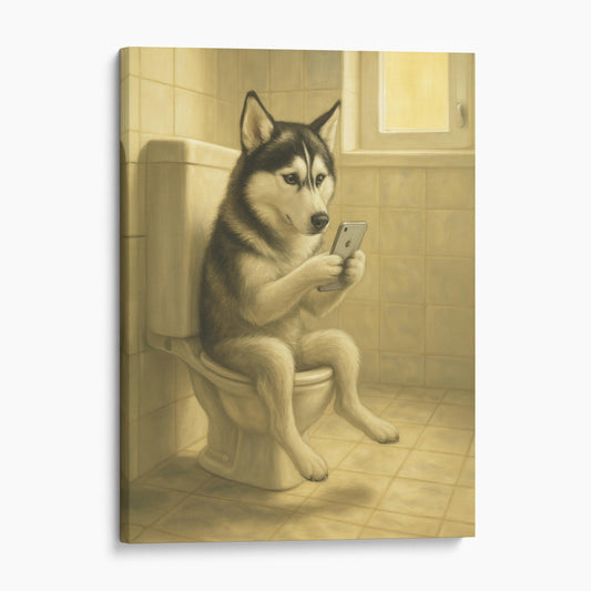 Siberian Husky Dog On The Phone On The Toilet