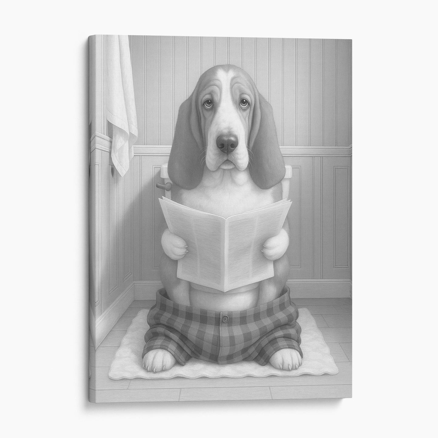 Basset Hound Dog Reading The Newspaper On The Toilet