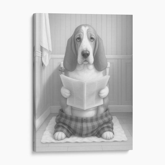 Basset Hound Dog Reading The Newspaper On The Toilet