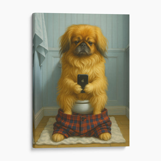 Pekingese Dog On The Phone On The Toilet