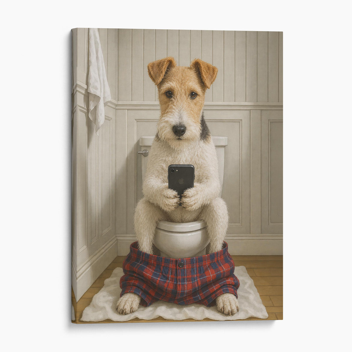 Wire Fox Terrier Dog On The Phone On The Toilet