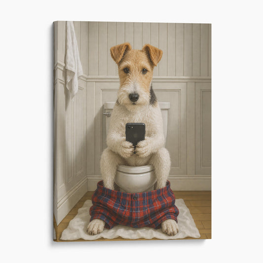 Wire Fox Terrier Dog On The Phone On The Toilet