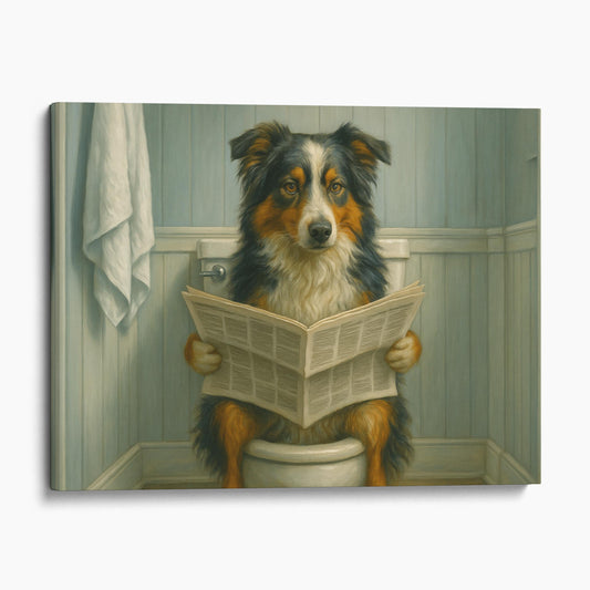 Australian Shepherd Dog On The Toilet Reading The Newspaper
