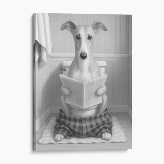 Greyhound Dog Reading The Newspaper On The Toilet